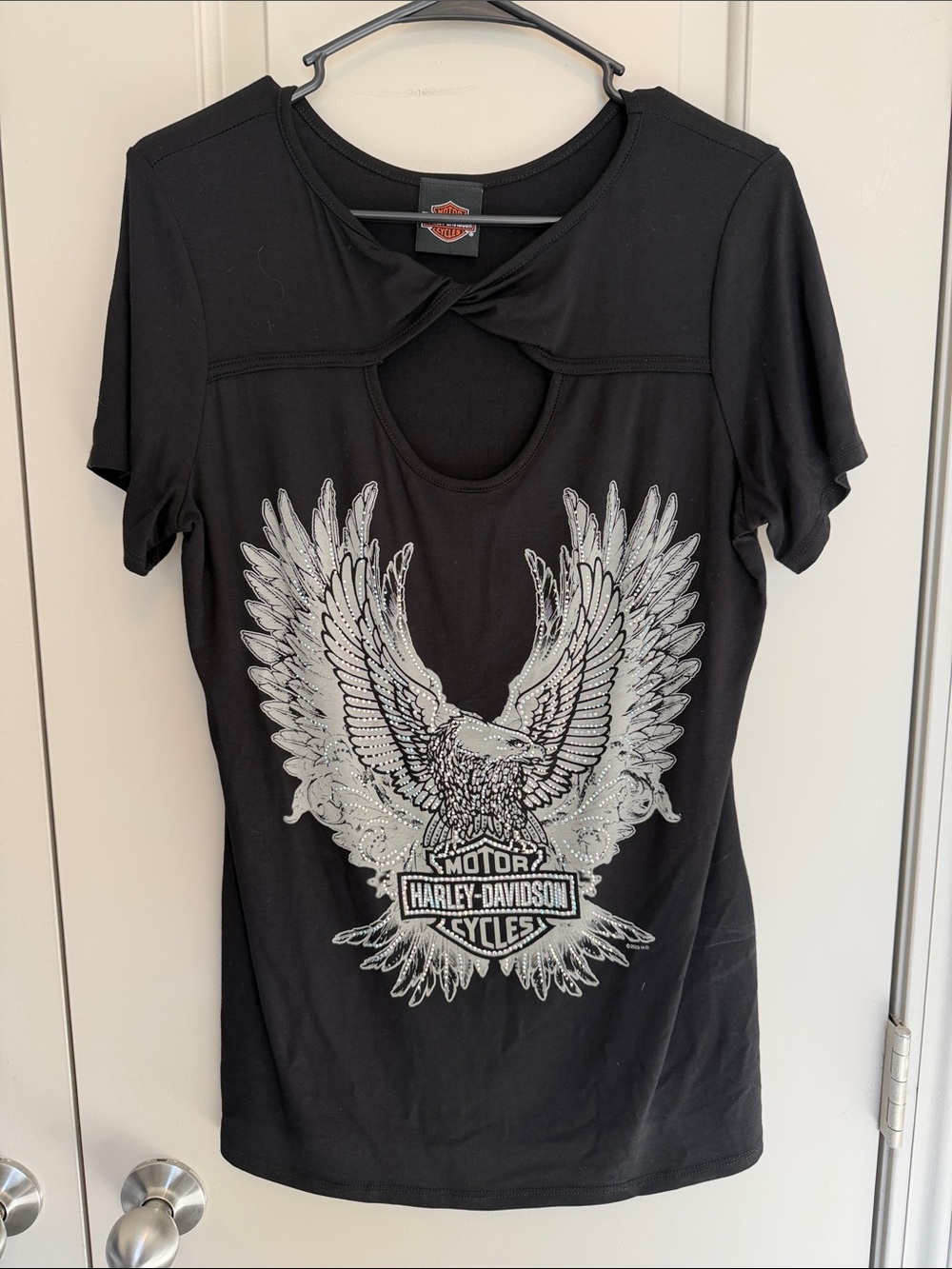 Harley-Davidson Black Tee with Silver Eagle Graphic and Keyhole Neck
